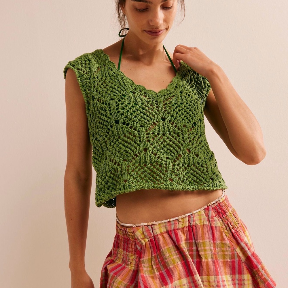Free People Alicia fauxchet Green Crochet Short Sleeve Top
